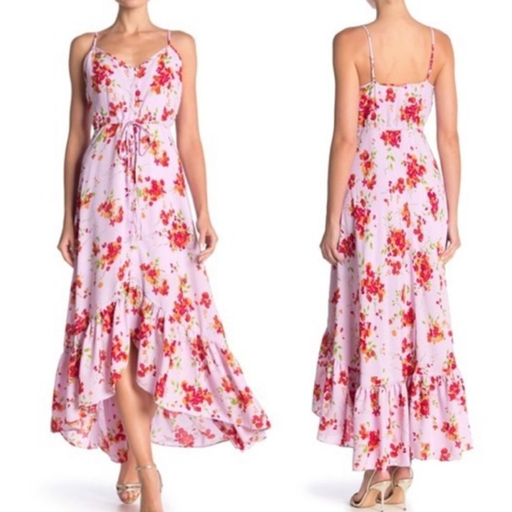 Nanette Lepore Pink Floral Maxi Dress Ruffled High Low Hem Button Down Front